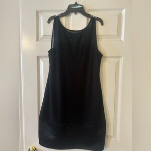 BAILEY 44 black dress, sheer top, satin border, made in USA, large